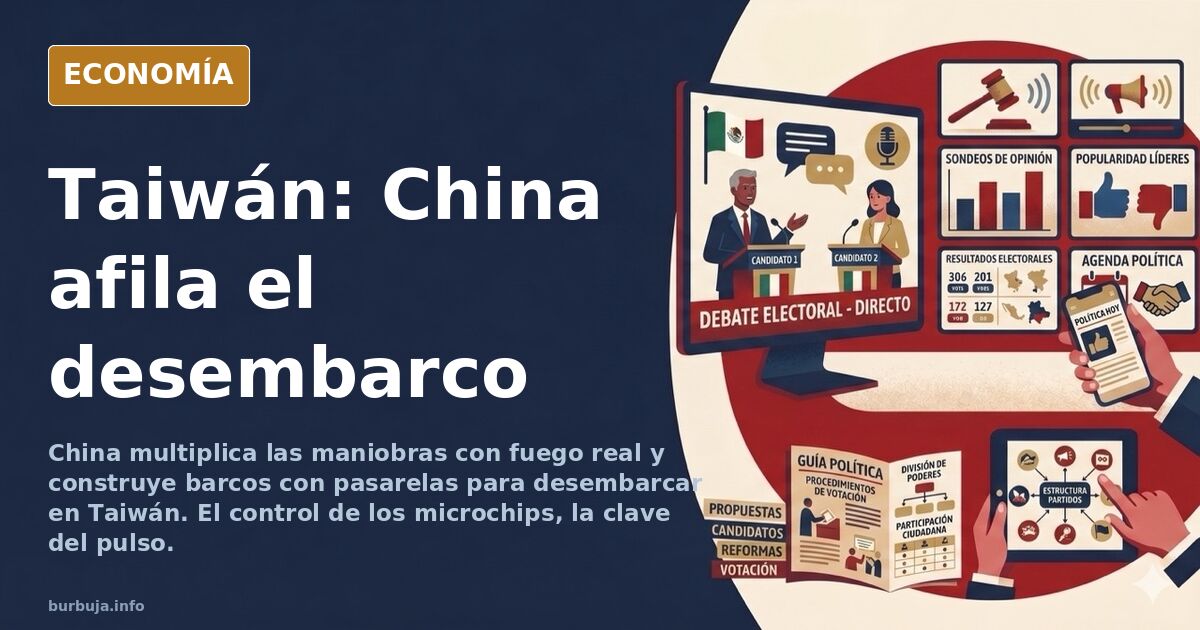 Ilustración editorial de un buque de desembarco chino desplegando una pasarela hacia una costa taiwanesa bajo vigilancia de s