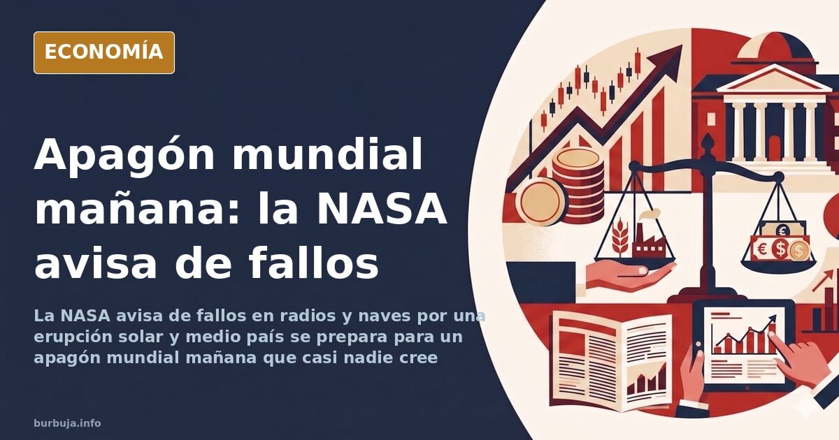 Ilustración editorial de un dial de radio antiguo girando solo bajo un sol en erupción sobre un mapa del mundo a oscuras