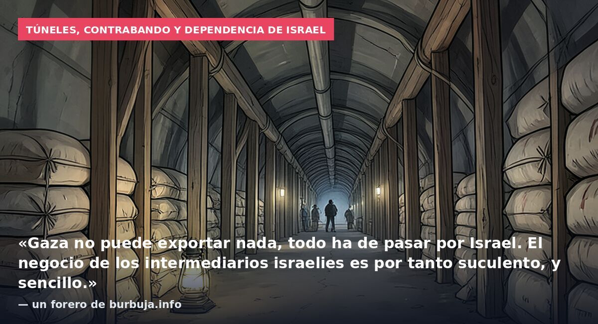 Túneles, contrabando y dependencia de Israel: «Gaza no puede exportar nada, todo ha de pasar por Israel. El negocio de los intermediarios israelies es por tanto suculento, y sencillo.» — un forero de burbuja.info