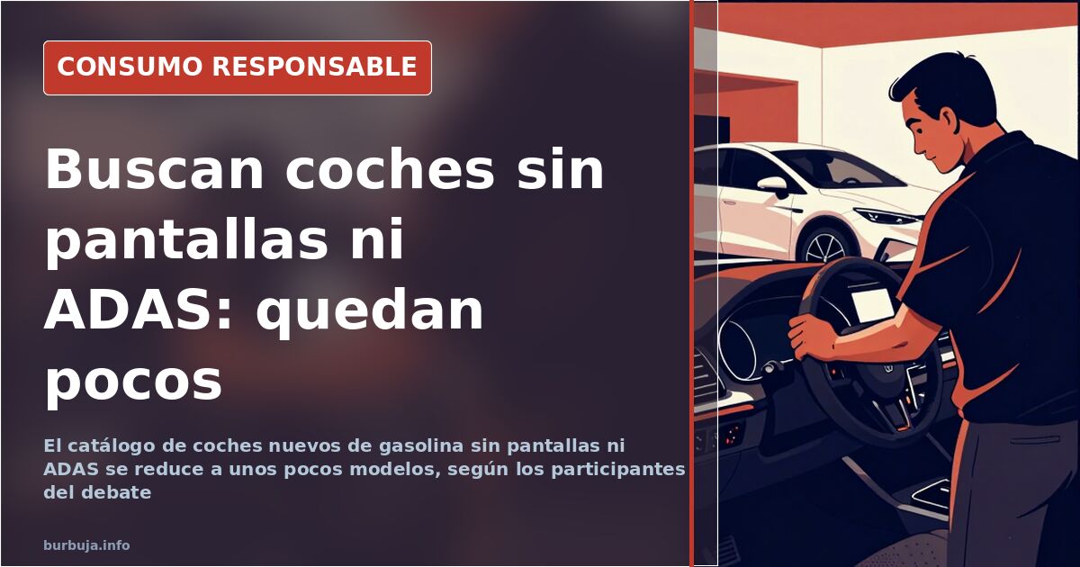 Coches nuevos de gasolina sin pantallas ni ADAS aparcados en concesionario, con salpicadero analógico y mandos físicos