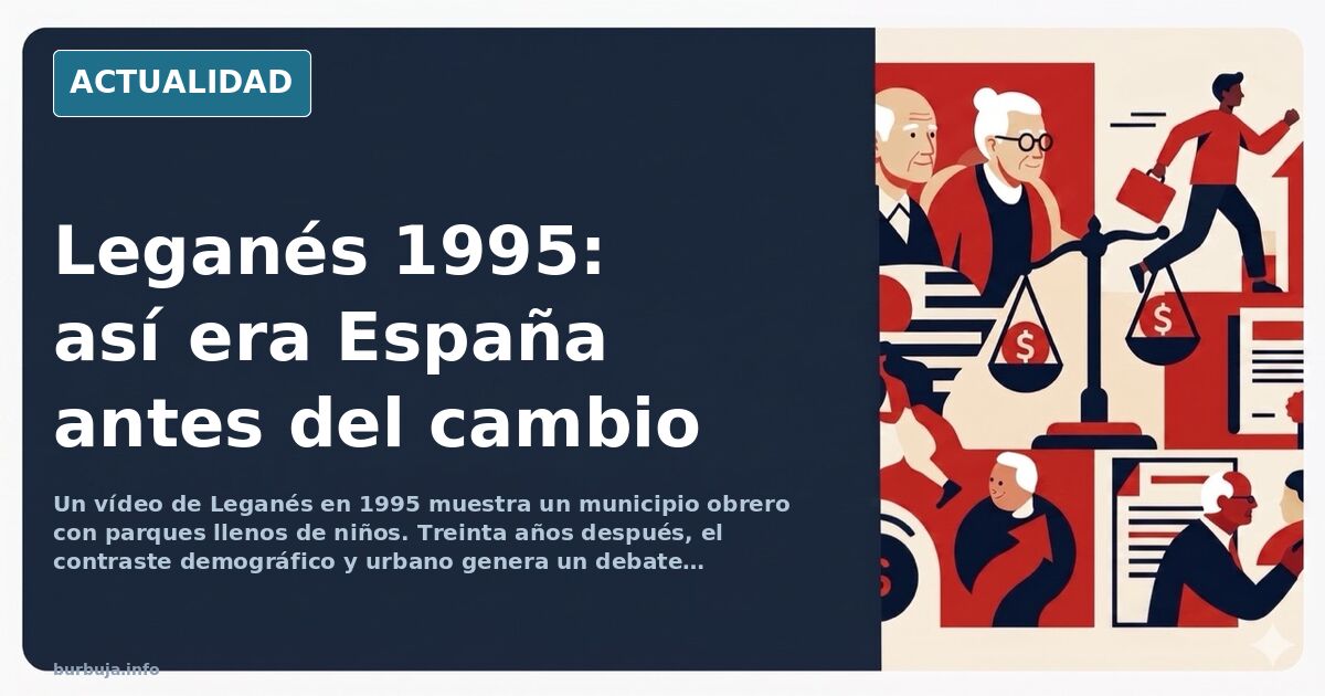 Escena urbana de Leganés en 1995 con vecinos paseando por un parque y calles limpias en un municipio obrero del sur de Madrid