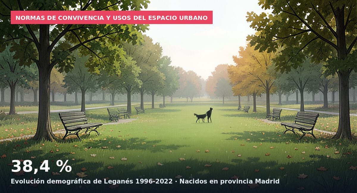 Normas de convivencia y usos del espacio urbano: 38,4 % Evolución demográfica de Leganés 1996-2022 · Nacidos en provincia Madrid