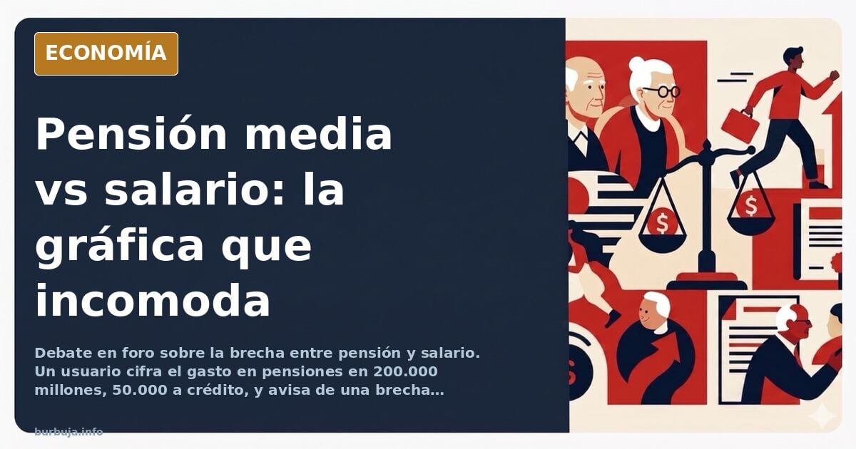 Gráfico comparativo entre la evolución de la pensión media y el salario medio en España, con líneas divergentes sobre fondo o