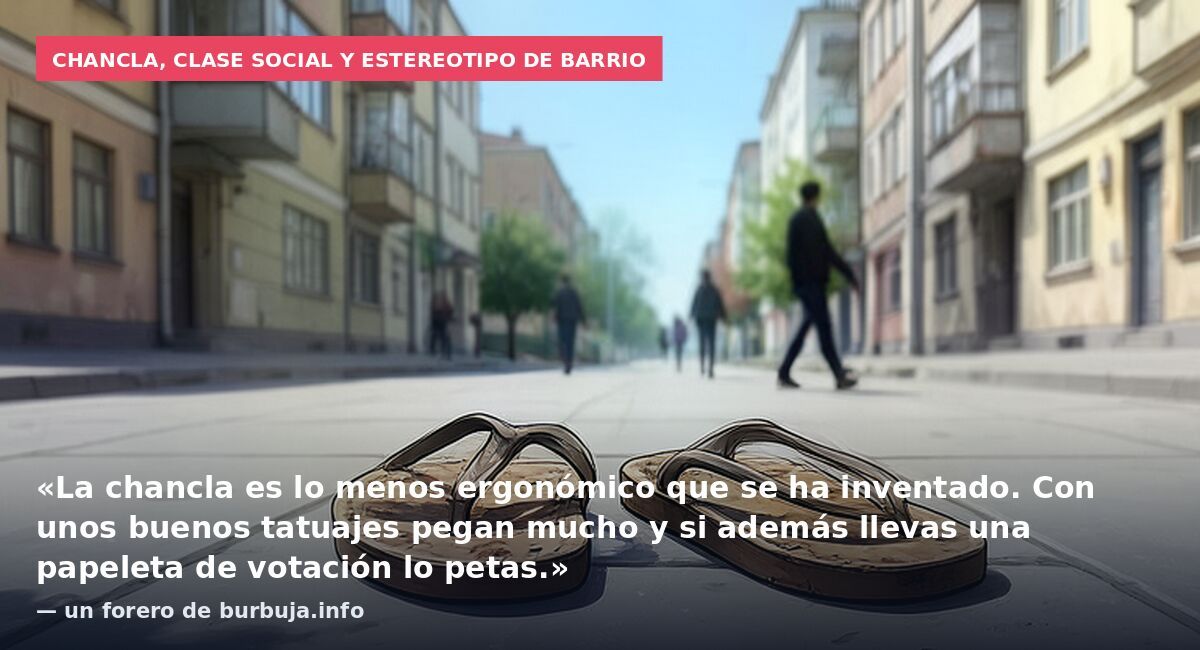Chancla, clase social y estereotipo de barrio: «La chancla es lo menos ergonómico que se ha inventado. Con unos buenos tatuajes pegan mucho y si además llevas una papeleta de votación lo petas.» — un forero de burbuja.info