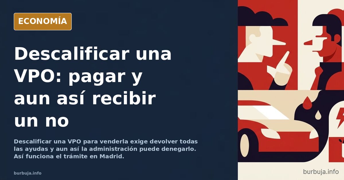 Ilustración editorial de una vivienda protegida con documentos de descalificación y sellos administrativos sobre fondo azul m