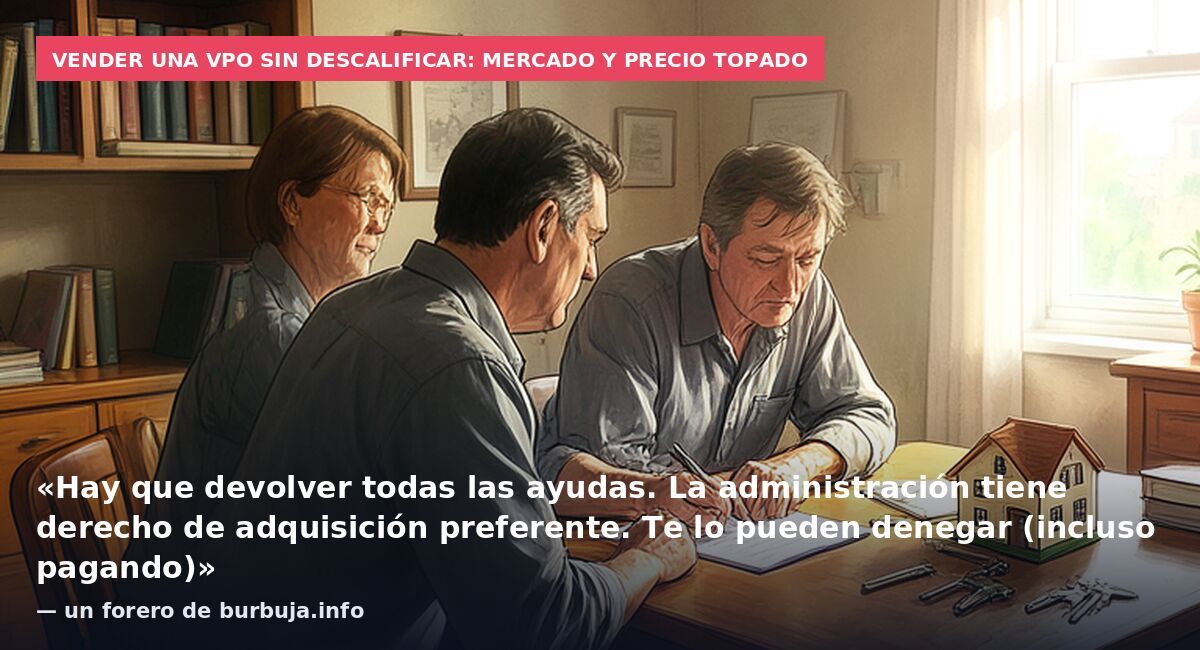 Vender una VPO sin descalificar: mercado y precio topado: «Hay que devolver todas las ayudas. La administración tiene derecho de adquisición preferente. Te lo pueden denegar (incluso pagando)» — un forero de burbuja.info