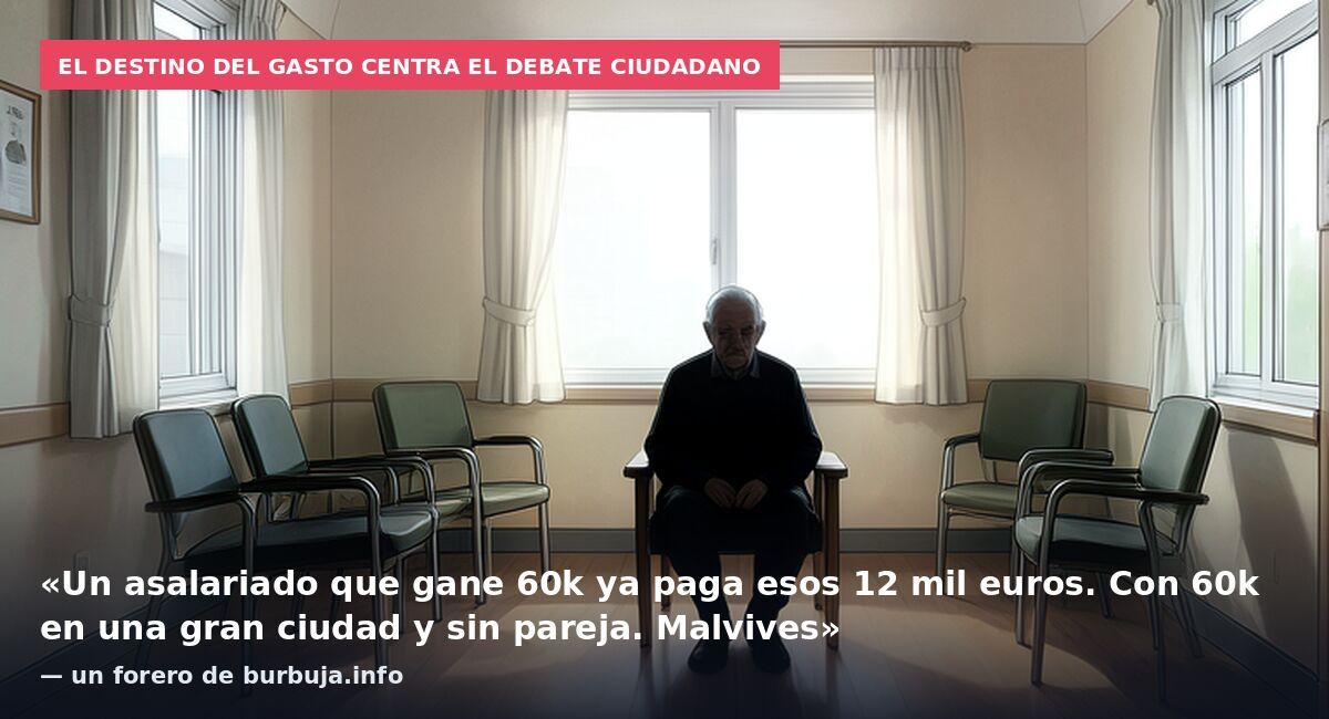 El destino del gasto centra el debate ciudadano: «Un asalariado que gane 60k ya paga esos 12 mil euros. Con 60k en una gran ciudad y sin pareja. Malvives» — un forero de burbuja.info