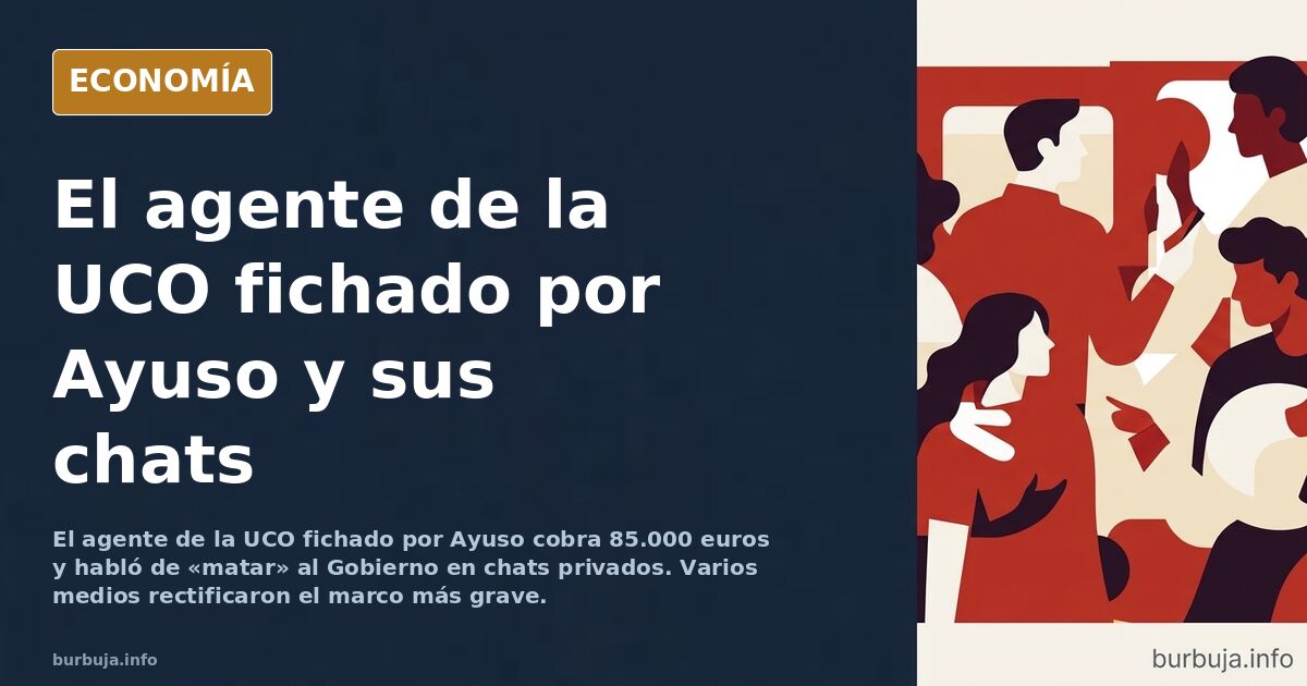 Ilustración editorial de un agente de la UCO fichado por Ayuso con documentos y chats filtrados sobre el caso Koldo