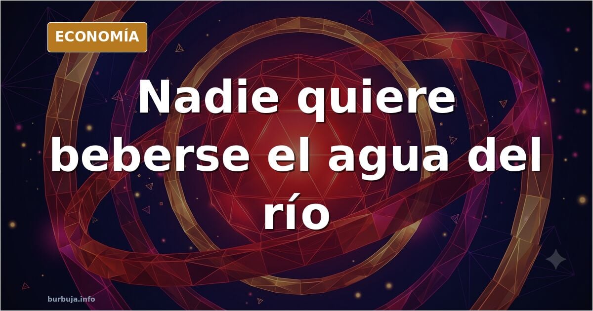 Ilustración editorial de un vaso de agua turbia sobre una mesa junto a un río urbano contaminado al fondo