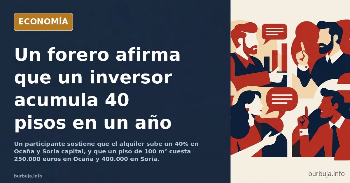 Ilustración editorial de edificios de pisos en una ciudad secundaria española con grúa de obra y flechas de precios inmobilia