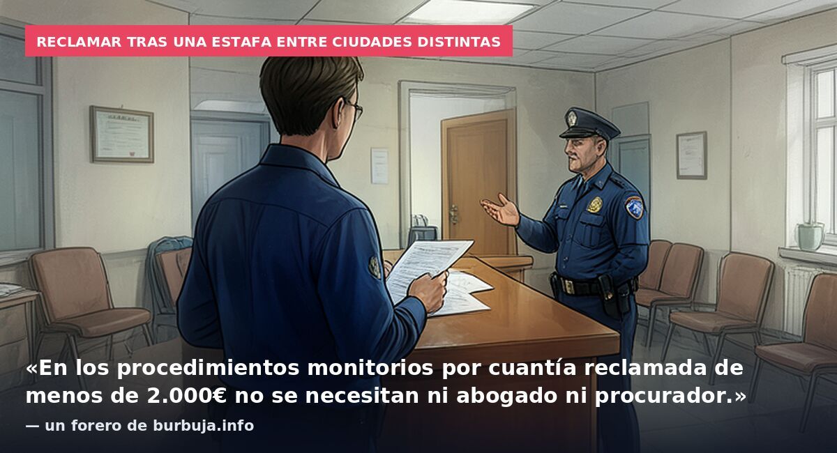 Reclamar tras una estafa entre ciudades distintas: «En los procedimientos monitorios por cuantía reclamada de menos de 2.000€ no se necesitan ni abogado ni procurador.» — un forero de burbuja.info