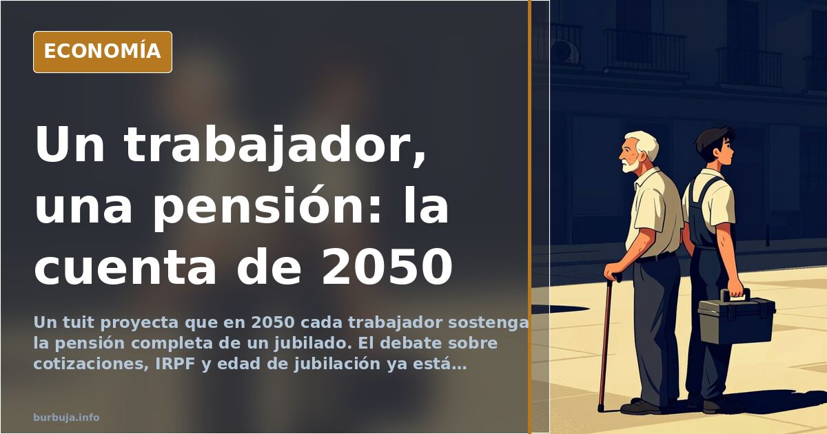 Ilustración editorial de un trabajador cargando sobre sus hombros la pensión de un jubilado, con gráficos demográficos de fon