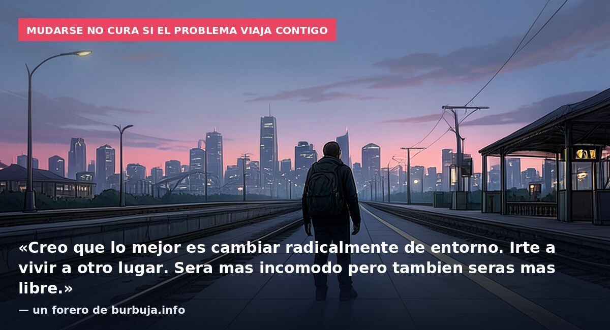 Mudarse no cura si el problema viaja contigo: «Creo que lo mejor es cambiar radicalmente de entorno. Irte a vivir a otro lugar. Sera mas incomodo pero tambien seras mas libre.» — un forero de burbuja.info
