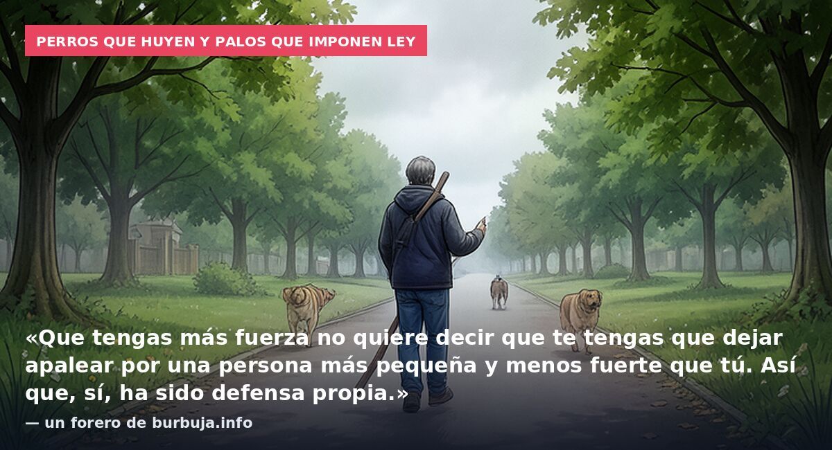 Perros que huyen y palos que imponen ley: «Que tengas más fuerza no quiere decir que te tengas que dejar apalear por una persona más pequeña y menos fuerte que tú. Así que, sí, ha sido defensa propia.» — un forero de burbuja.info