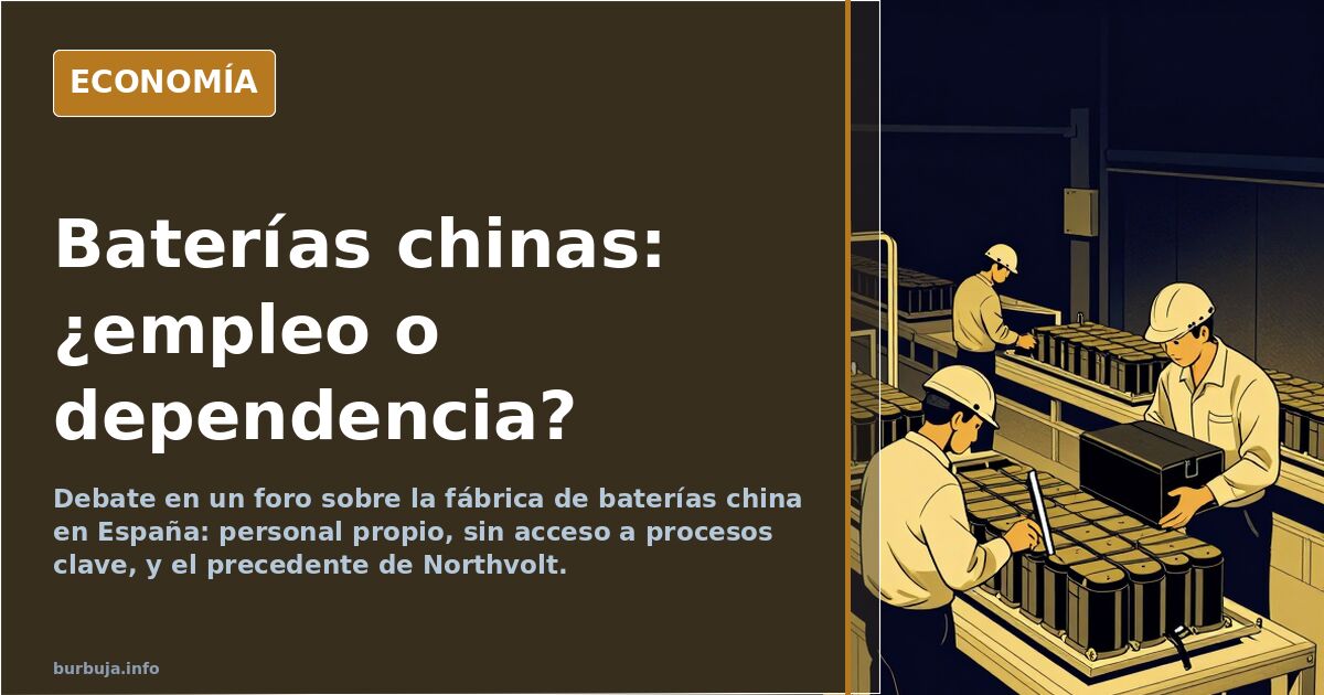 Ilustración editorial de una fábrica de baterías con trabajadores y símbolos de dependencia tecnológica