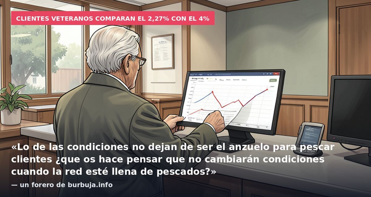 Clientes veteranos comparan el 2,27% con el 4%: «Lo de las condiciones no dejan de ser el anzuelo para pescar clientes ¿que os hace pensar que no cambiarán condiciones cuando la red esté llena de pescados?» — un forero de burbuja.info