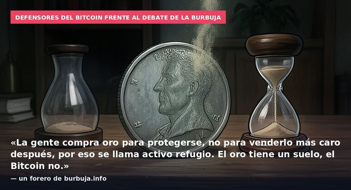 Defensores del bitcoin frente al debate de la burbuja: «La gente compra oro para protegerse, no para venderlo más caro después, por eso se llama activo refugio. El oro tiene un suelo, el Bitcoin no.» — un forero de burbuja.info