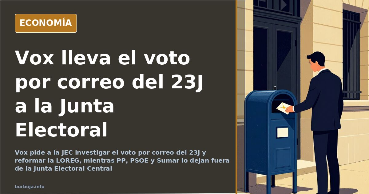 Sobres de voto por correo apilados junto a una urna transparente en una mesa electoral española