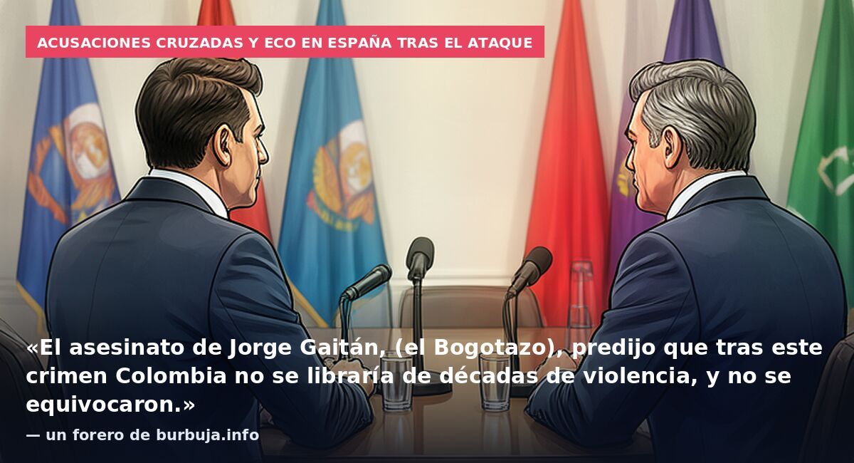 Acusaciones cruzadas y eco en España tras el ataque: «El asesinato de Jorge Gaitán, (el Bogotazo), predijo que tras este crimen Colombia no se libraría de décadas de violencia, y no se equivocaron.» — un forero de burbuja.info