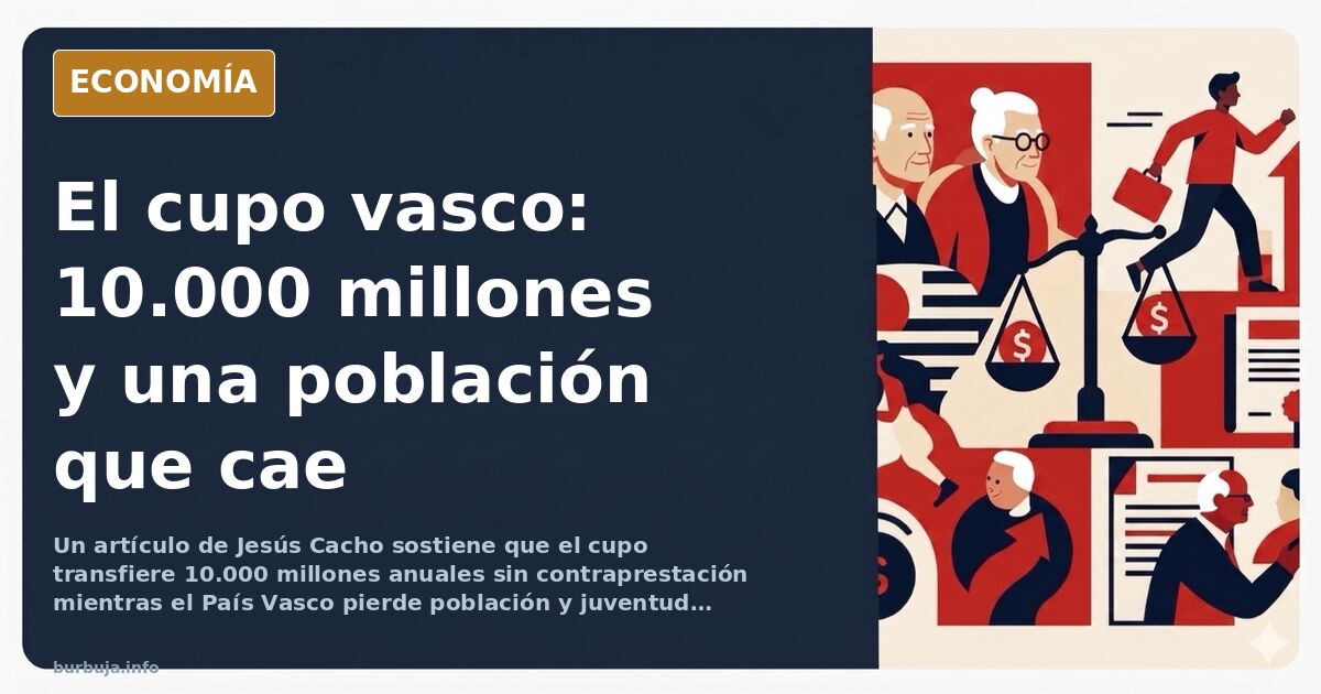 Ilustración editorial de un mapa del País Vasco con una flecha de dinero saliendo hacia el resto de España y una curva demogr