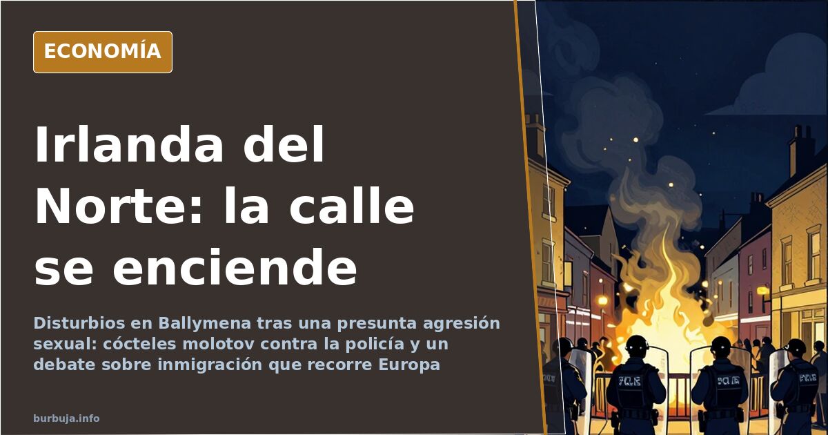 Ilustración editorial de una calle nocturna con contenedores ardiendo y siluetas de manifestantes frente a una línea policial