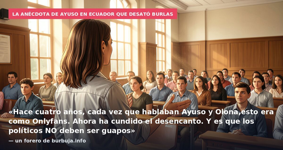 La anécdota de Ayuso en Ecuador que desató burlas: «Hace cuatro años, cada vez que hablaban Ayuso y Olona,esto era como Onlyfans. Ahora ha cundido el desencanto. Y es que los políticos NO deben ser guapos» — un forero de burbuja.info