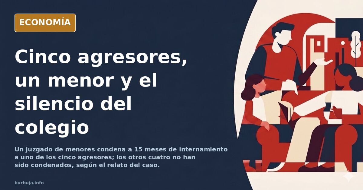 Ilustración editorial de un pasillo escolar vacío con cinco sombras al fondo y una figura sola en primer plano