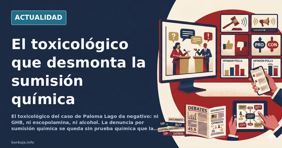 Informe toxicológico negativo sobre una mesa de laboratorio junto a tubos de ensayo y un expediente judicial abierto