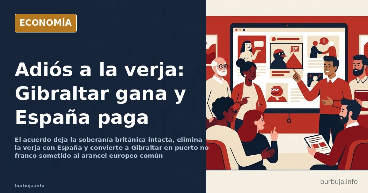 Ilustración editorial de la verja de Gibraltar desapareciendo mientras una nueva frontera se levanta entre el Peñón y Reino U