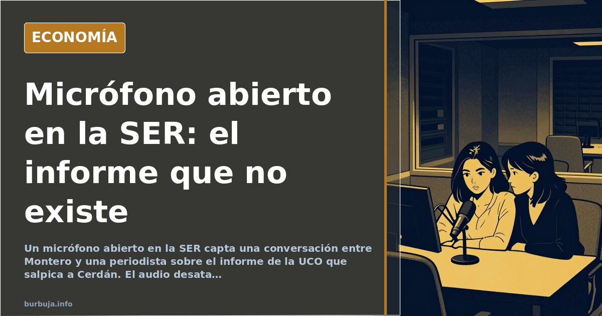 Micrófono de estudio de radio abierto sobre una mesa con documentos y un informe de la UCO, en una ilustración editorial de t