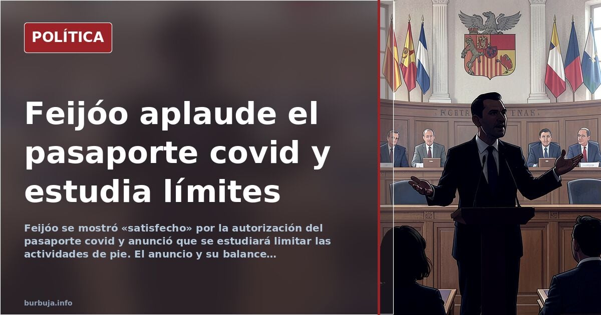 Ilustración editorial de un político en atril anunciando el pasaporte covid y la limitación de actividades de pie