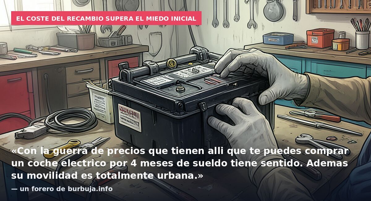 El coste del recambio supera el miedo inicial: «Con la guerra de precios que tienen alli que te puedes comprar un coche electrico por 4 meses de sueldo tiene sentido. Ademas su movilidad es totalmente urbana.» — un forero de burbuja.info