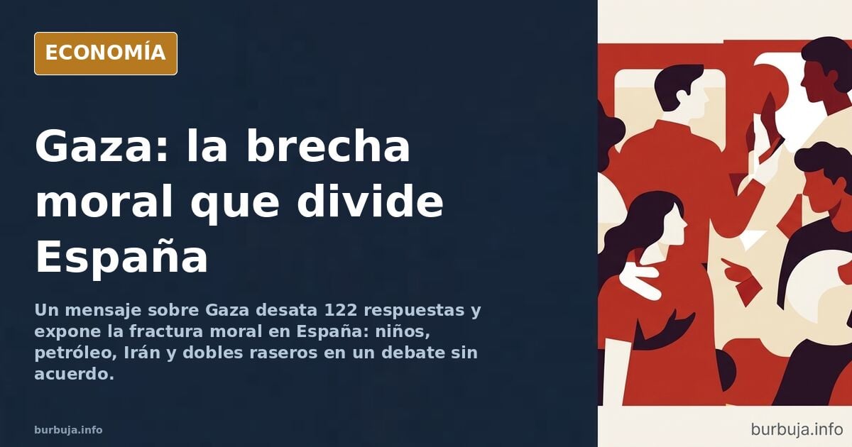 Ilustración editorial en azul marino y dorado sobre el debate de Gaza y la fractura moral en la opinión pública española