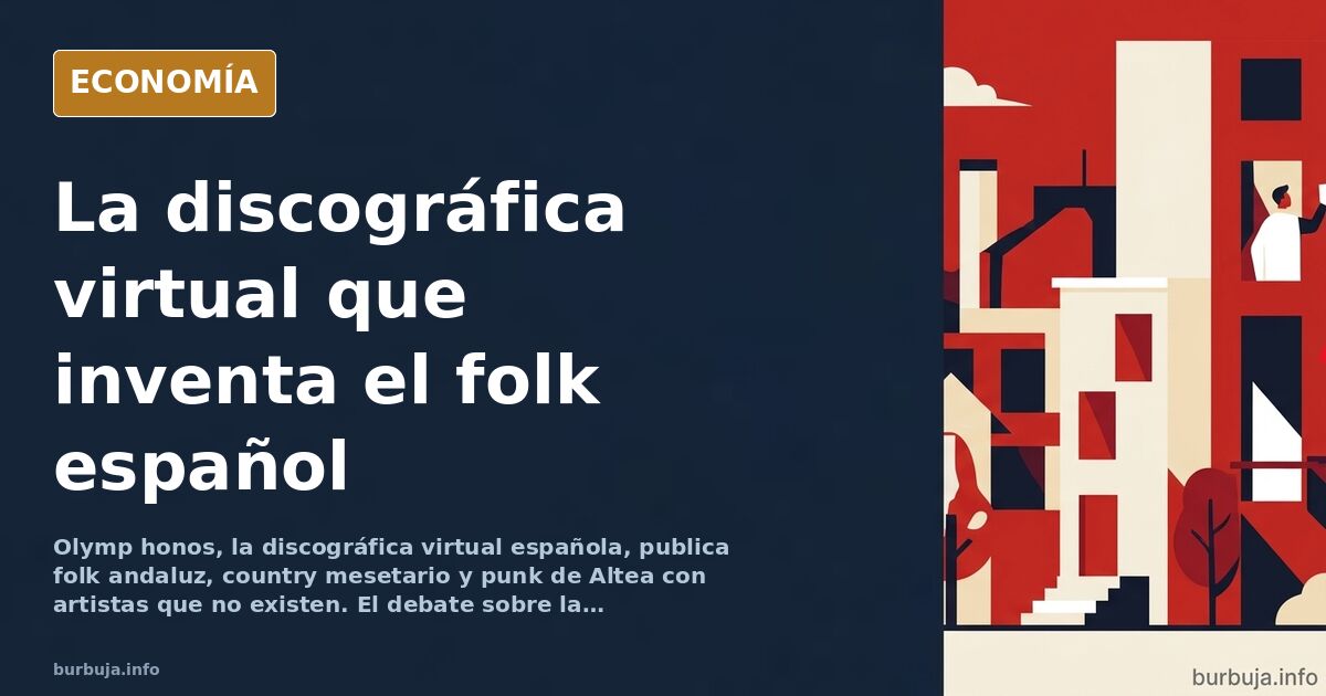 Ilustración editorial de una discográfica virtual española con vinilos y partituras de folk, country mesetario y rock celta s