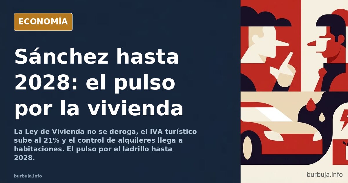 Ilustración editorial de un edificio de viviendas con cartel de alquiler y símbolo de porcentaje sobre la fachada