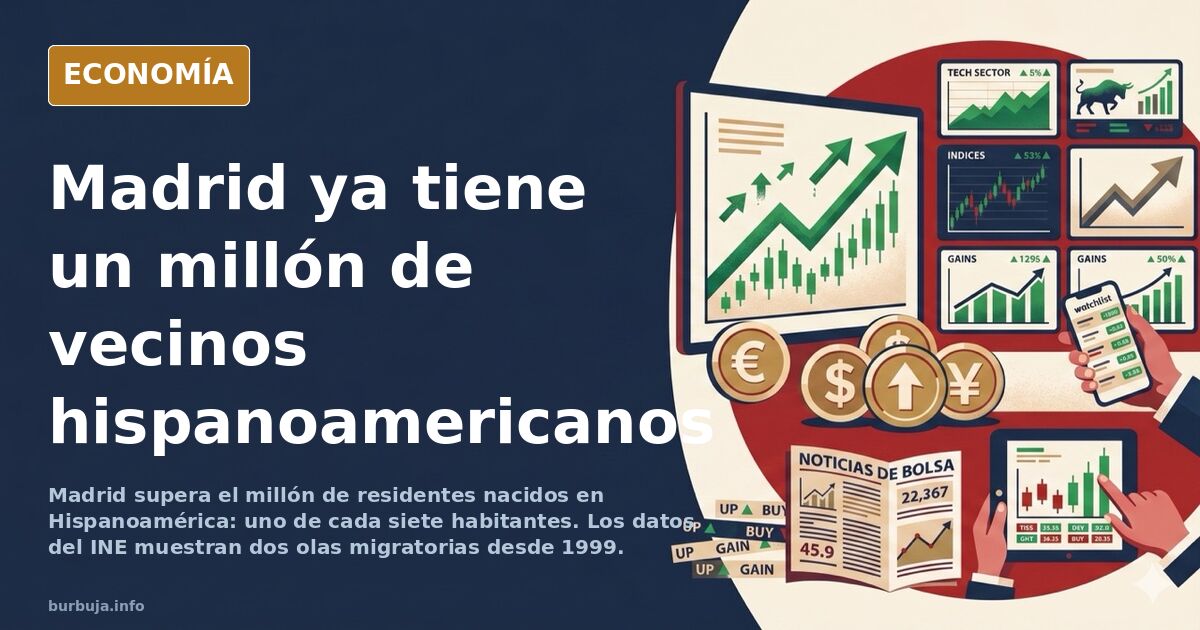 Ilustración editorial de un mapa de Madrid con puntos dorados que representan la distribución de residentes hispanoamericanos