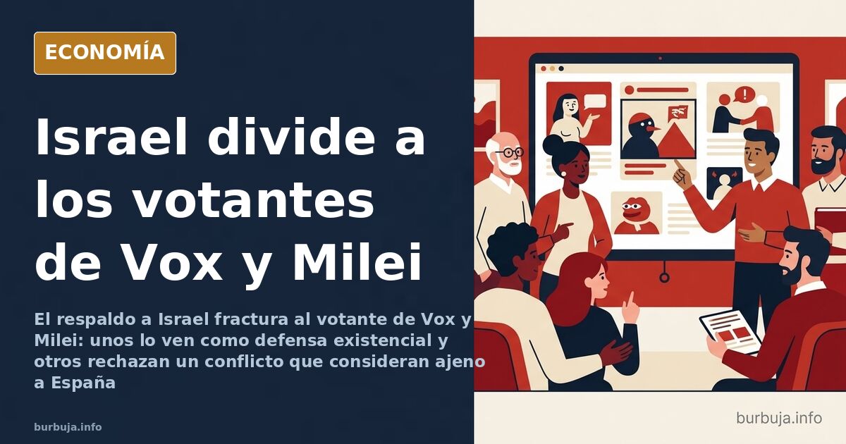 Ilustración editorial sobre la división del voto de derecha ante el conflicto entre Israel e Irán y el apoyo a Vox y Milei