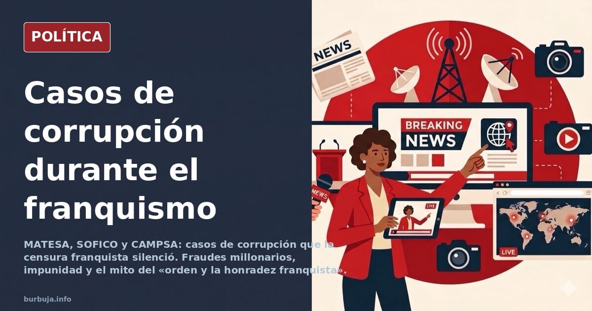 Ilustración editorial de documentos oficiales y billetes de peseta junto a una prensa censurada
