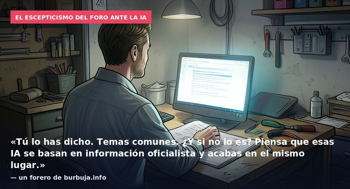 El escepticismo del foro ante la IA: «Tú lo has dicho. Temas comunes. ¿Y si no lo es? Piensa que esas IA se basan en información oficialista y acabas en el mismo lugar.» — un forero de burbuja.info