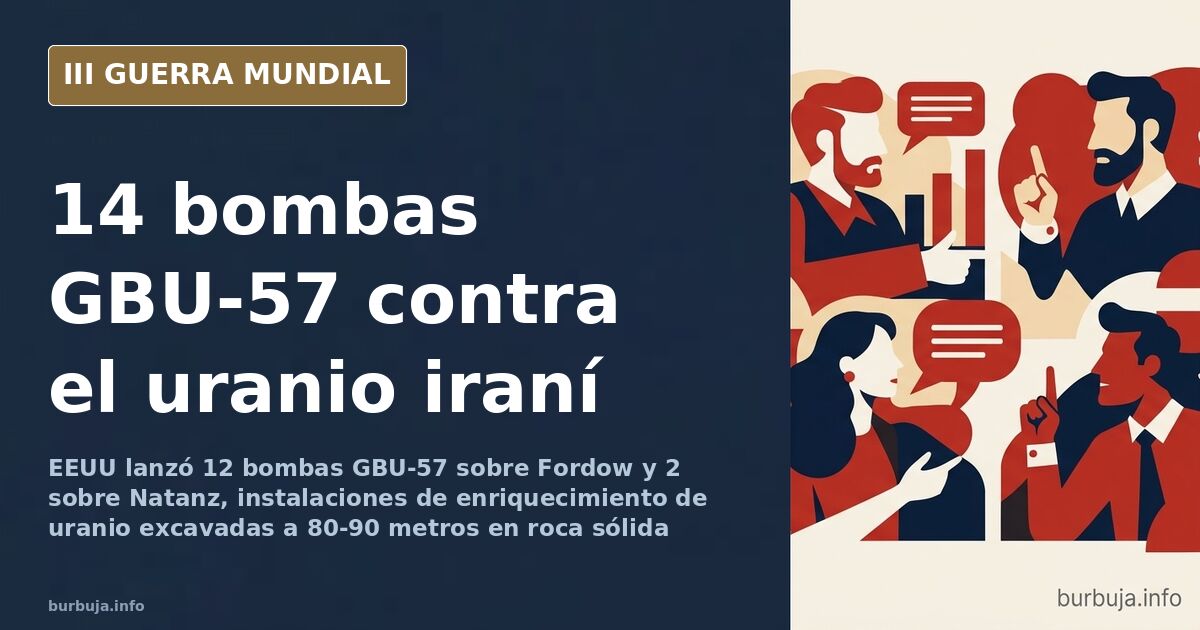 Ilustración documental de instalaciones nucleares iraníes bombardeadas con columnas de humo sobre montañas desaturadas
