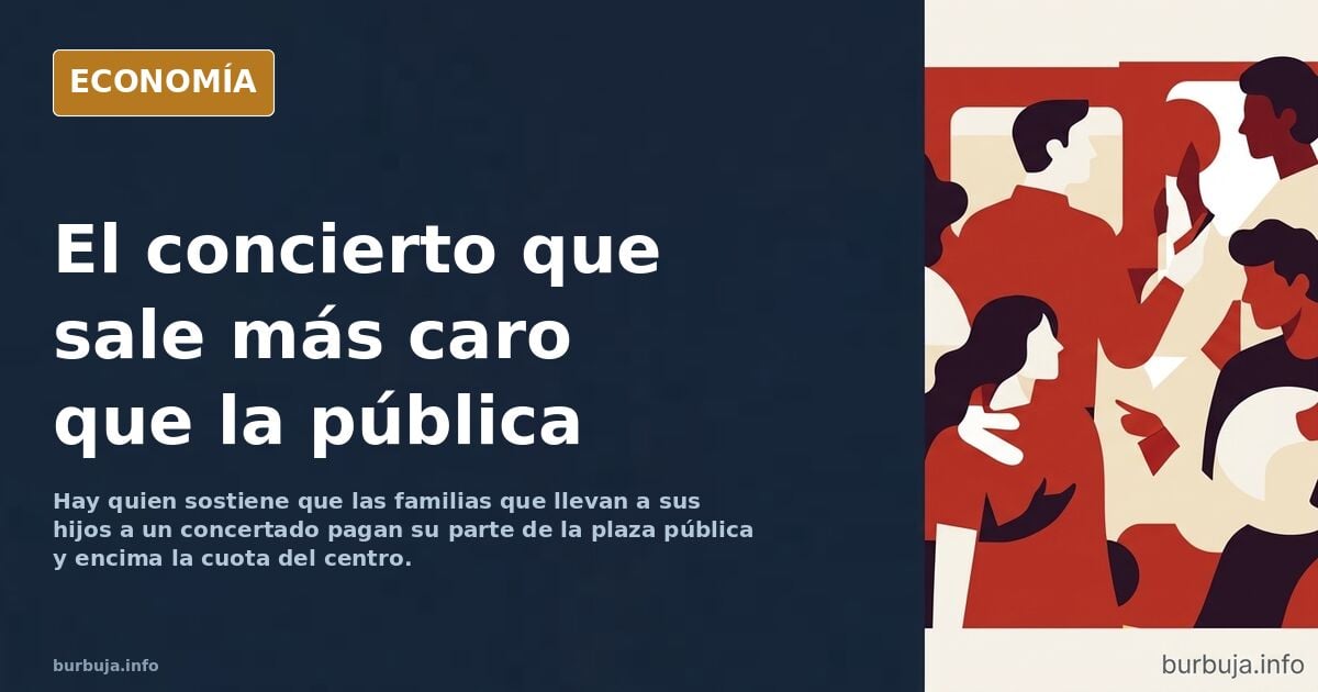 Ilustración editorial de una balanza con una plaza escolar pública y una concertada, con una familia pagando dos veces la mis