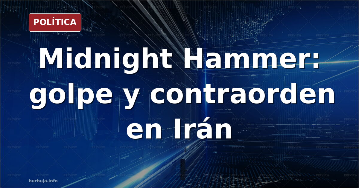 Ilustración editorial de la operación Midnight Hammer con mapa del estrecho de Ormuz, martillo simbólico y banderas de Irán, 