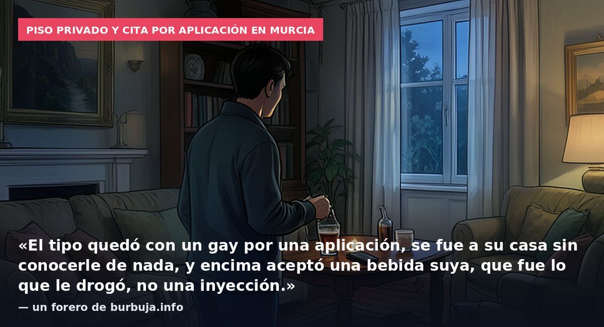 Piso privado y cita por aplicación en Murcia: «El tipo quedó con un gay por una aplicación, se fue a su casa sin conocerle de nada, y encima aceptó una bebida suya, que fue lo que le drogó, no una inyección.» — un forero de burbuja.info