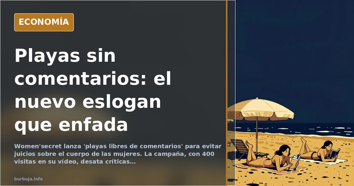 Ilustración editorial de una playa con sombrillas y bañistas, con un cartel que simula prohibir los comentarios, en tonos azu