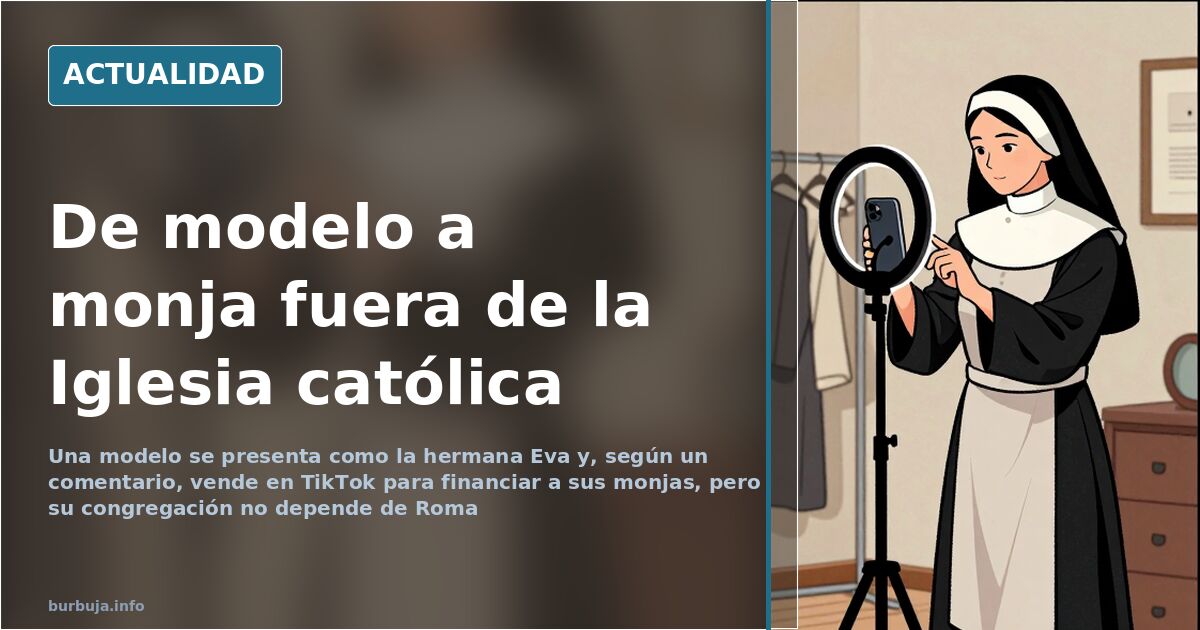 Joven con hábito sosteniendo un móvil en un interior sobrio, ilustración del caso de la modelo convertida en monja