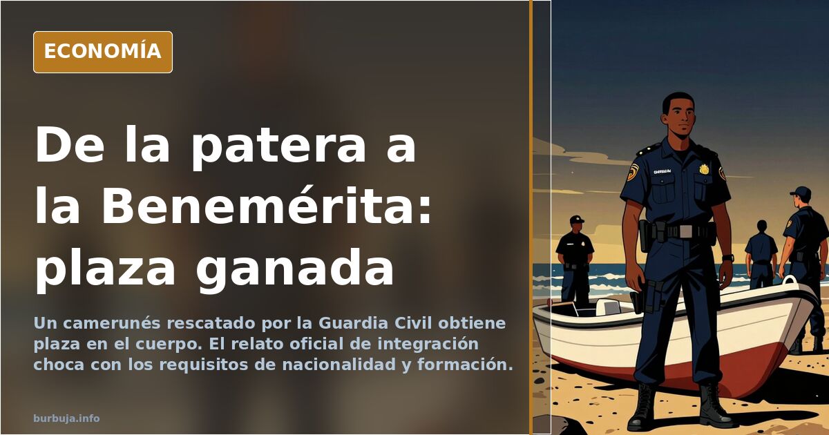 Ilustración editorial de un agente de la Guardia Civil junto a una patera en el mar, símbolo del debate sobre inmigración y e