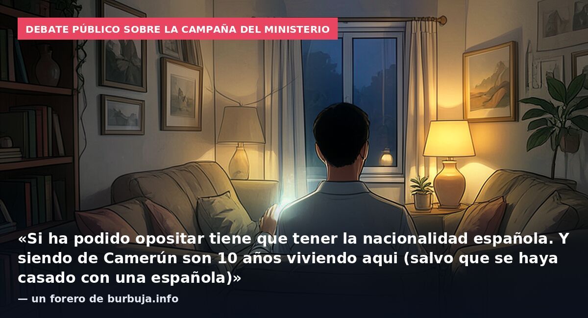 Debate público sobre la campaña del Ministerio: «Si ha podido opositar tiene que tener la nacionalidad española. Y siendo de Camerún son 10 años viviendo aqui (salvo que se haya casado con una española)» — un forero de burbuja.info