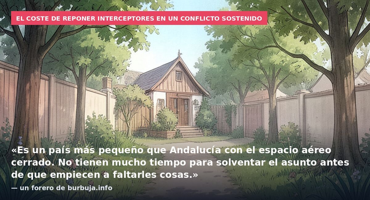 El coste de reponer interceptores en un conflicto sostenido: «Es un país más pequeño que Andalucía con el espacio aéreo cerrado. No tienen mucho tiempo para solventar el asunto antes de que empiecen a faltarles cosas.» — un forero de burbuja.info