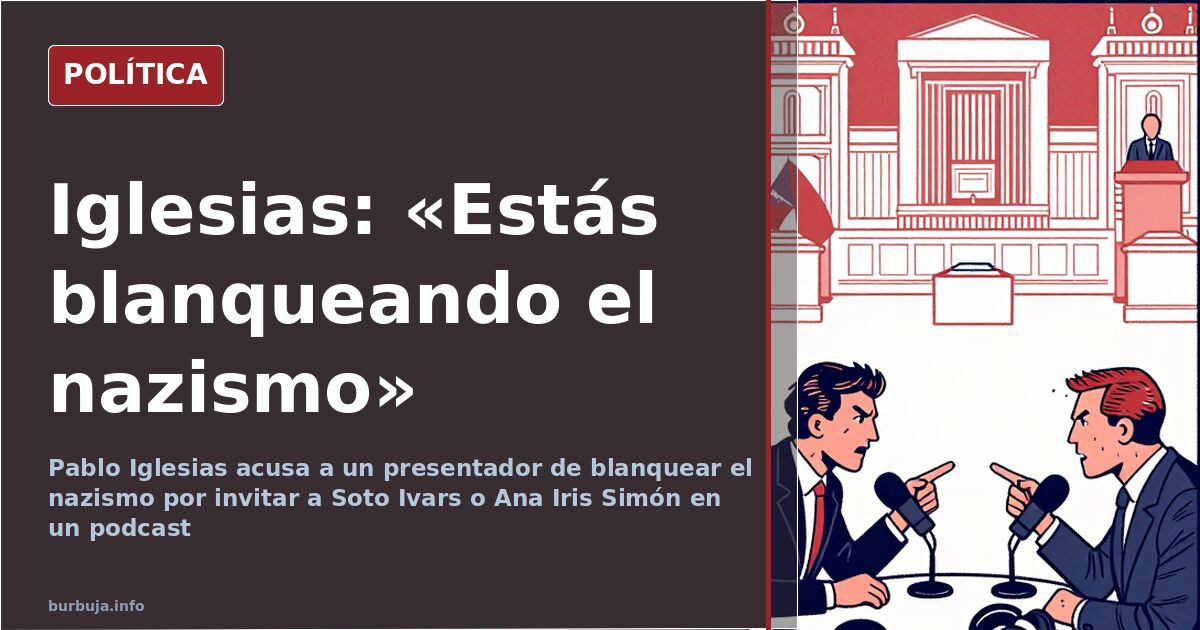 Ilustración editorial de Pablo Iglesias señalando a un presentador de podcast con un micrófono y banderas de fondo
