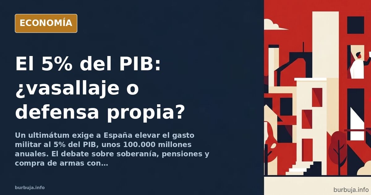 Ilustración editorial de un avión de combate con un candado sobre el ala, símbolo del gasto militar y las restricciones de us